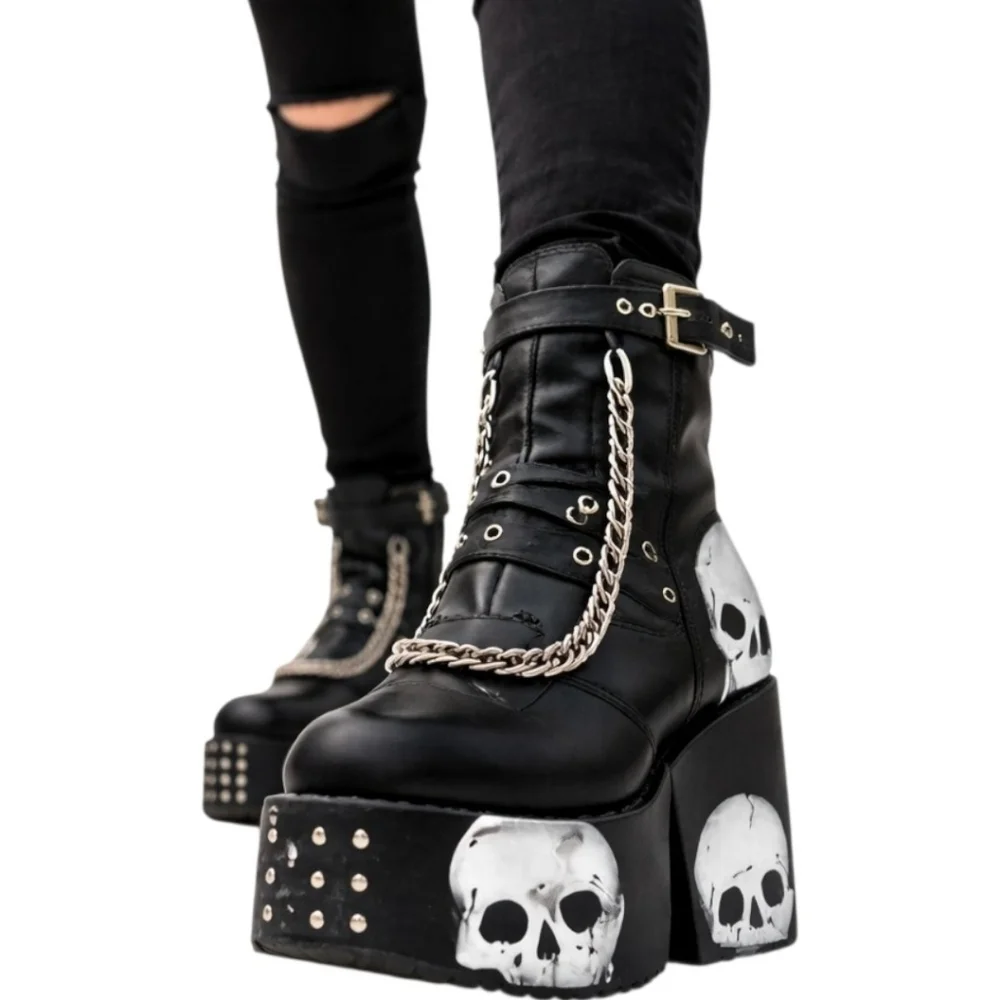 Dolls Kill x Lamoda Platform Skull Chain Spike Ankle Boots Vegan Leather Goth